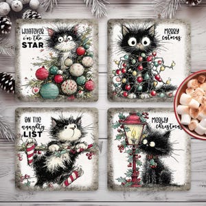 May include: Set of four square coasters with whimsical cat illustrations. Each coaster features a different cat design with Christmas themes and text: "Whatever I'm the Star", "Merry Catmas", "On the Naughty List", and "Meowy Christmas".