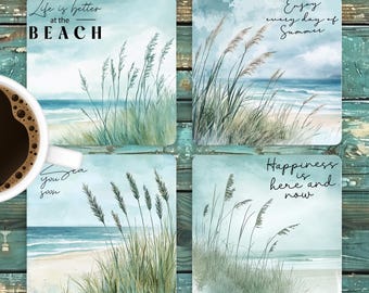 Beach Quotes Square Coaster Sublimation Design, Beach Scenery 4x4 Coaster Set PNG Template, Summer Coaster, Pastel Beach Digital Download