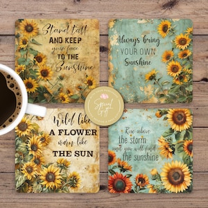 Sunflower Square Coaster Sublimation Design, Inspirational Quote Coasters, PNG, Mindful Quotes Design, Digital Download, Set Of 4 Coaster