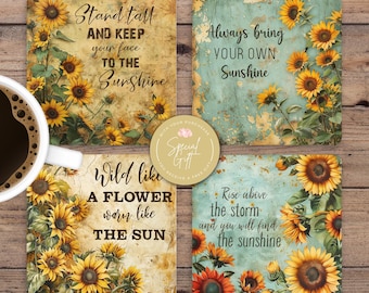 Sunflower Square Coaster Sublimation Design, Inspirational Quote Coasters, PNG, Mindful Quotes Design, Digital Download, Set Of 4 Coaster