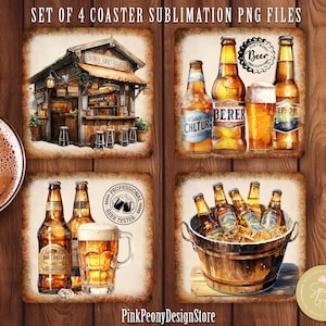 Op de afbeelding: Set van vier onderzetter-sublimatie PNG-bestanden met aquarel-illustraties van bierflessen en een barscène. De onderzetters hebben een rustieke, vintage uitstraling met een bruine achtergrond en witte tekst.