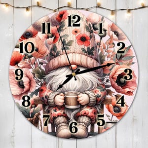Poppy Gnome Clock Sublimation Design, Cute Spring Coffee Gnome Clock Face PNG, Floral Gnome Wall Decor Digital Download Template, DIY Clock
