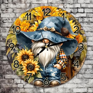 Sunflower Gnome Clock Sublimation Design, Floral Farmer Gnome Clock Face PNG, Rustic Gnome Wall Decor Digital Download Template, DIY Clock
