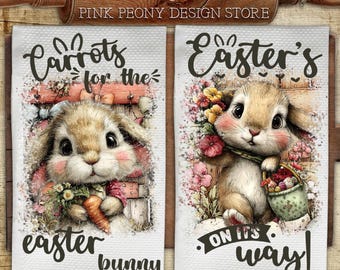Cute Easter Bunny Kitchen Towel Sublimation Design, Rustic Easter Tea Towel PNG Template, Spring Floral Tea Towel, DIY Gift Digital Download