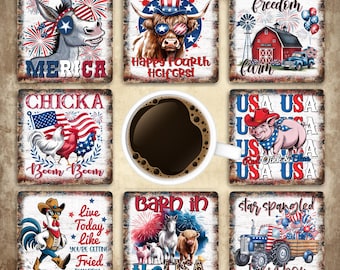 Posavasos cuadrado de granja americana (diseño de sublimación), posavasos patrióticos de granja (PNG), impresión con cita patriótica, plantilla de descarga digital, idea de regalo para EE. UU.