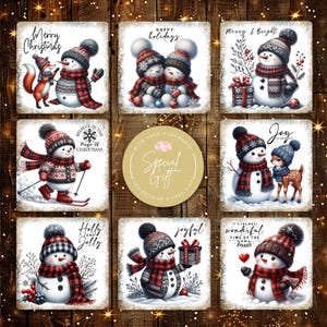 Podkładka pod kubek z motywem bałwana w kwadratowym kształcie, wzór sublimacji, zimowa kratka 4x4 PNG, uroczy szablon do pobrania w formacie cyfrowym