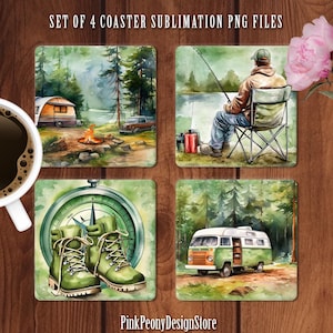 May include: Set of four square coasters featuring watercolor illustrations of camping themes. The coasters depict a campfire, a camper van, a person fishing, and a pair of hiking boots with a compass.