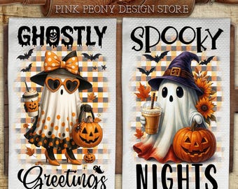 Retro Halloween Kitchen Towel Sublimation Design, Cute Ghost Print, Funny Quote Tea Towel PNG Template, Spooky Towel Digital Download