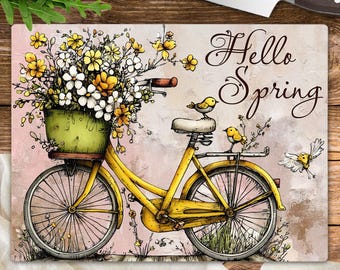 Hello Spring Cutting Board Sublimation PNG, Whimsical Floral Bicycle Print File (Digital Download)