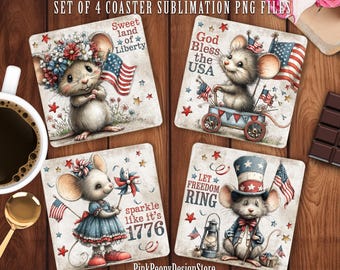 Patriotic Mouse Coaster Sublimation PNG, Whimsical 4th of July Print File