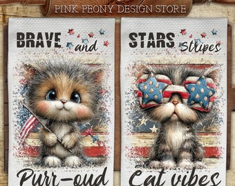 Patriotic Cat Kitchen Towel Sublimation Design, USA Kitten Tea Towel PNG Template, Funny Cat Print, DIY Gift Digital Download