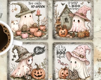 Design en sublimation de sous-verre carré Halloween effrayant, sous-verre mignon fantômes PNG, modèle de sous-verre floral fantôme, goule automne bricolage téléchargement numérique
