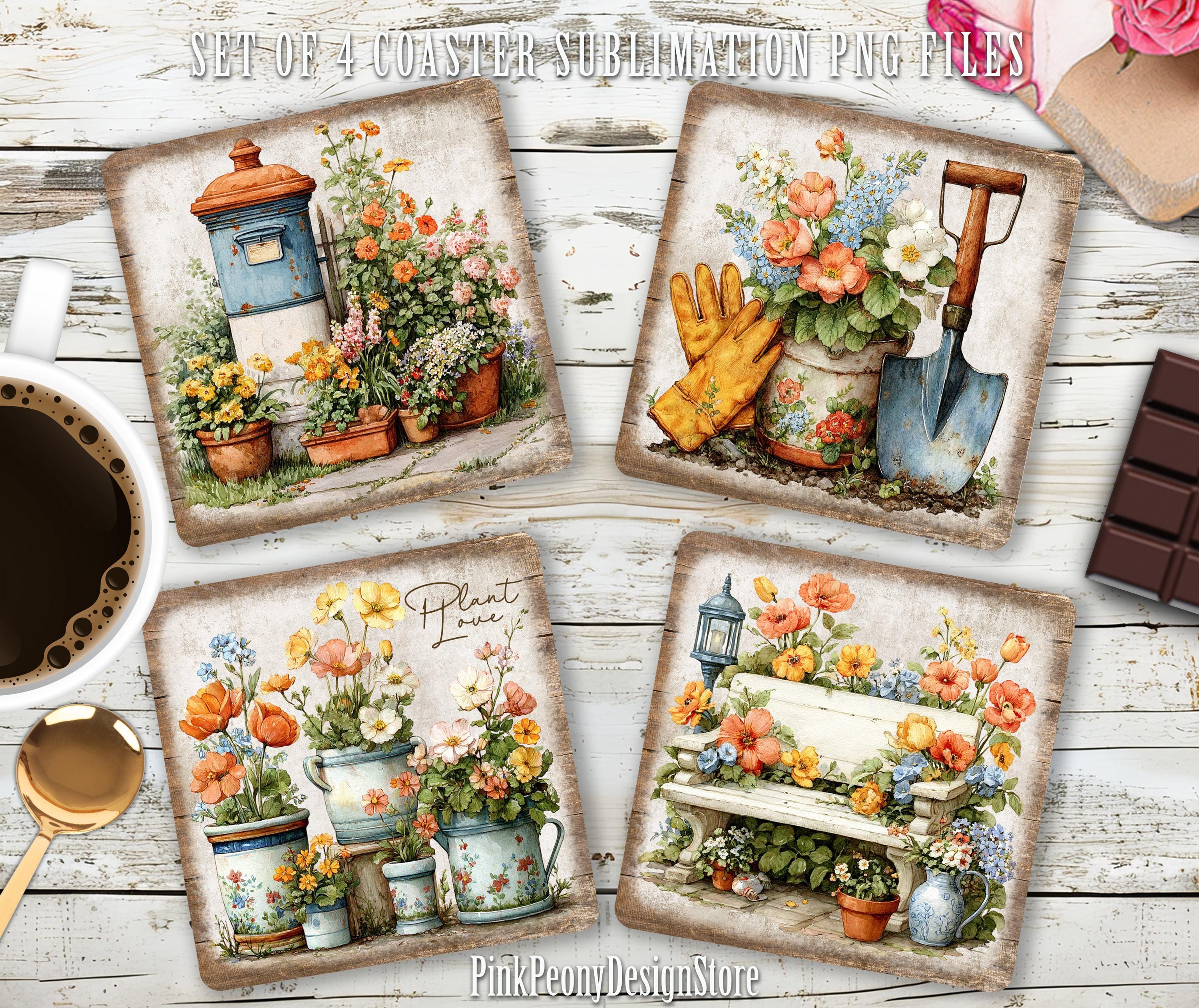 Rustic Coaster Graphics Rustic Garden Coaster Sublimation PNG, Whimsical Spring Floral Print ...