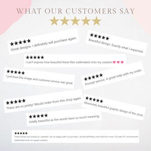 May include: A collage of customer reviews with five-star ratings and positive comments about the quality and service of a shop. The reviews highlight the beauty of the products, the prompt service, and the overall positive experience.