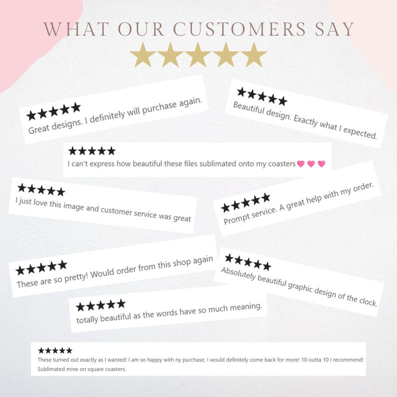 May include: A collage of customer reviews with five-star ratings and positive comments about the quality and service of a shop. The reviews highlight the beauty of the products, the prompt service, and the overall positive experience.