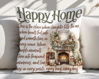 Happy Home Definition Pillow Sublimation Design, Cozy Boho Pillow Template, Rustic Floral Fireplace Pillow PNG, DIY Home Decor Digital File