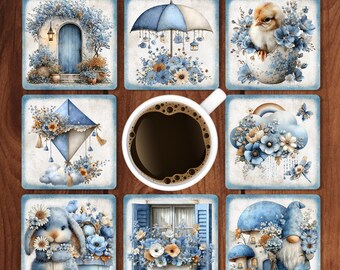 Pastel Blue Floral Coaster Sublimation PNG, Whimsical Spring/Easter Print File (Digital Download)
