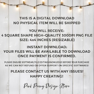 K&ouml;nnte beinhalten: Digitaler Download eines Grafikdesigns f&uuml;r eine quadratische PNG-Datei mit einer Gr&ouml;&szlig;e von 10,16 cm x 10,16 cm und 300 DPI. Der Text lautet: "Dies ist ein digitaler Download. Es wird kein physischer Artikel versandt. Sie erhalten: 4 quadratische, hochwertige PNG-Dateien mit 300 dpi. Gr&ouml;&szlig;e: 10,16 cm x 10,16 cm (ver&auml;nderbar). Sofortiger Download: Ihre Dateien stehen zum Download bereit, sobald die Zahlung best&auml;tigt wurde. Bitte stellen Sie sicher, dass Sie &uuml;ber die notwendigen Softwarekenntnisse/Dateibearbeitungskenntnisse verf&uuml;gen, bevor Sie Ihren Kauf t&auml;tigen, da wir keine R&uuml;ckerstattung oder Unterst&uuml;tzung f&uuml;r bestimmte Software anbieten k&ouml;nnen! Bitte kontaktieren Sie uns bei Problemen! Viel Spa&szlig; beim Kreieren! Pink Peony Design Store."