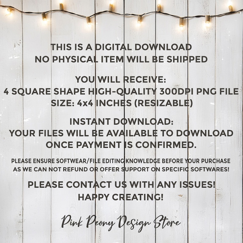 K&ouml;nnte beinhalten: Digitaler Download eines Grafikdesigns f&uuml;r eine quadratische PNG-Datei mit einer Gr&ouml;&szlig;e von 10,16 cm x 10,16 cm und 300 DPI. Der Text lautet: "Dies ist ein digitaler Download. Es wird kein physischer Artikel versandt. Sie erhalten: 4 quadratische, hochwertige PNG-Dateien mit 300 dpi. Gr&ouml;&szlig;e: 10,16 cm x 10,16 cm (ver&auml;nderbar). Sofortiger Download: Ihre Dateien stehen zum Download bereit, sobald die Zahlung best&auml;tigt wurde. Bitte stellen Sie sicher, dass Sie &uuml;ber die notwendigen Softwarekenntnisse/Dateibearbeitungskenntnisse verf&uuml;gen, bevor Sie Ihren Kauf t&auml;tigen, da wir keine R&uuml;ckerstattung oder Unterst&uuml;tzung f&uuml;r bestimmte Software anbieten k&ouml;nnen! Bitte kontaktieren Sie uns bei Problemen! Viel Spa&szlig; beim Kreieren! Pink Peony Design Store."