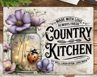 Country Kitchen Cutting Board Sublimation PNG, Whimsical Floral Jar Print File (Digital Download)