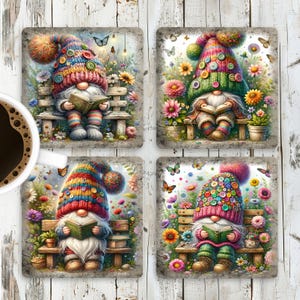Floral Books Square Coaster Sublimation Design, Reading Gnome Coasters, Book Lover Gnome Coaster Design PNG, Digital Download, Book Coasters