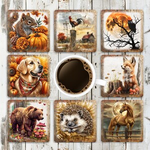 Posavasos cuadrados con diseño de sublimación de animales otoñales, plantilla PNG de posavasos inspiradores de otoño, decoración DIY para el hogar con temática otoñal, descarga digital