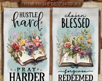 Christian Kitchen Towel Sublimation Design, Religious Tea Towel PNG Template, Inspirational Quote Print, Floral Bible DIY Digital Download