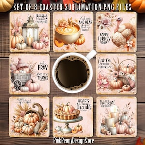 Pastellfärgad fyrkantig underlägg för Thanksgiving, sublimeringsdesign för tacksamma citat, set med PNG, kalkondagstryck, pumpadesign, digital nedladdning
