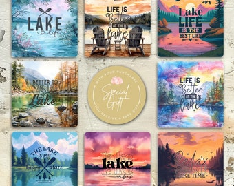 Lake Life Square Coaster Sublimation Designs, Coaster 4x4, PNG, Nature Lovers' Quote Coasters For Custom Home Crafts, Digital Download