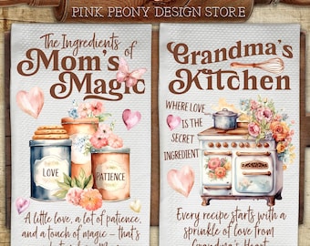 Grandma's & Mom's Recipe Kitchen Towel Sublimation Design, Kitchen Quote Tea Towel PNG Template, Home Decor Print, DIY Gift Digital Download