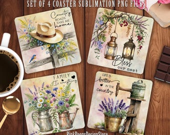 Country Home Inspirational Coaster Sublimation PNG, Rustic Floral Print File