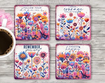 ボヘミアンフローラルスクエアコースター昇華デザイン、ボヘミアンインスピレーション引用句PNG、花のモチベーションデジタルダウンロードプリント、ホームデコレーションテンプレート