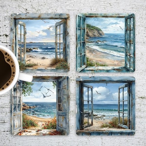 May include: Set of four blue and white coasters featuring a coastal scene viewed through an open window. The window is weathered and has a rustic look. The scene includes a sandy beach, blue ocean, and a rocky coastline.