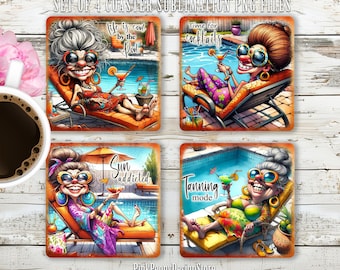 Funny Pool-Side Lady Square Coaster Sublimation Design, Sassy Mom Coaster PNG, Quirky Lady Print, Sun Lover Gift, Digital Download Template