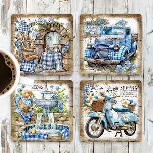 May include: Set of four square coasters featuring a spring theme. The coasters feature a blue and white checkered pattern with images of a bunny, a truck, a chick, and a scooter. The coasters are made of wood and have a rustic look.