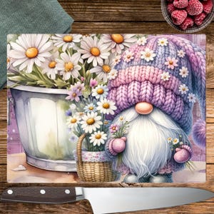 Cute Purple Gnome Cutting Board Sublimation Design, Daisy Flowers Chopping Board PNG File, Floral Kitchen Decor Digital Download Template