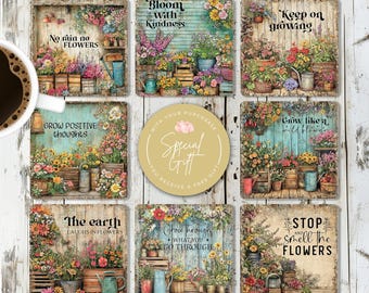Rustic Flower Garden Square Coaster Sublimation Design, Motivational Quote Coaster PNG Template, Growth Mindset Inspiration Digital Download