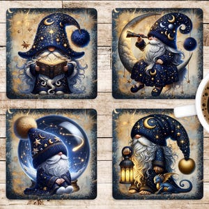 May include: Set of four square coasters featuring whimsical illustrations of gnomes. Each gnome is depicted in a navy blue hat with celestial accents, holding a book, telescope, crystal ball, and lantern. The coasters have a distressed, vintage look.
