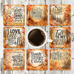 Diseño de sublimación de posavasos cuadrados con frases de otoño, plantilla PNG de posavasos inspiradores de otoño, decoración DIY para el hogar con temática de otoño, descarga digital