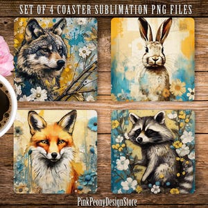 Forest Animal Square Coaster Sublimation Design, Feral Coaster PNG Template, Woodland Wildlife Home Decor Digital Download, DIY Gift Idea
