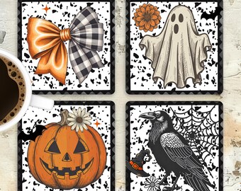 Design en sublimation de sous-verre carré Halloween coquette à damier, rétro Ghost Coaster PNG, modèle de sous-bock Spooky Crow, téléchargement numérique