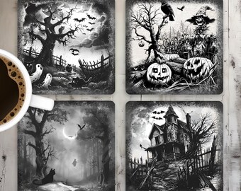 Design de sublimation de sous-verre carré Halloween effrayant, noir blanc Halloween paysage sous-verre PNG, modèle de sous-verre effrayant, téléchargement numérique
