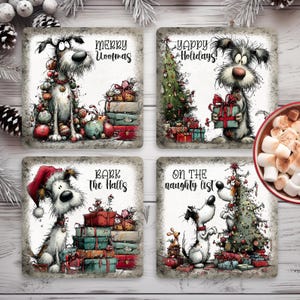 May include: Four square Christmas coasters with cartoon dog illustrations and festive greetings. Captions read "Merry Woofmas," "Yappy Holidays," "Bark the Halls," and "On the naughty list." Each coaster has a distressed, vintage appearance.