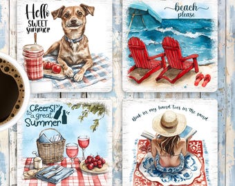 Summer Quotes Square Coaster Sublimation Design, Beach Scenery 4x4 Coaster Set PNG Template, Summer Coaster, Beach Vibes Digital Download