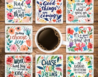Floral Inspiration Square Coaster Sublimation Design, Motivational Quotes Coaster PNG Template, Growth Mindset Inspiration, Digital Download