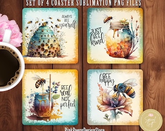 Watercolor Bees Square Coaster Sublimation Designs, Motivational Quote Coaster PNG Template, Inspirational Home Decor Print Digital Download