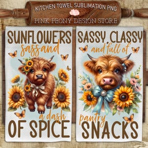 Serviette de cuisine en sublimation vache Highland tournesol, modèle PNG de citation drôle de cuisine torchon, impression génisse, cadeau bricolage en téléchargement numérique