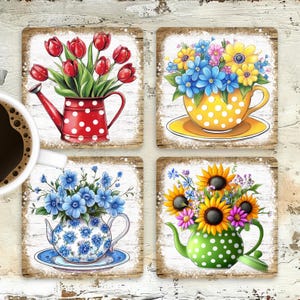 May include: Set of four square ceramic coasters featuring floral designs. Each coaster depicts a different flower arrangement in a teapot or watering can. The designs include red tulips, blue forget-me-nots, yellow sunflowers, and blue and yellow flowers.