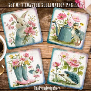 May include: Set of four square coasters with floral and animal designs. Each coaster features a different image: a bunny with flowers, a duckling with a watering can, rain boots with flowers and a butterfly, and a hedgehog with flowers. The coasters have a distressed, vintage look.