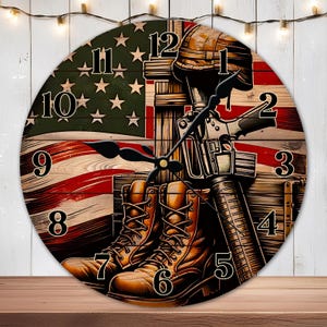 May include: A round wooden clock with an American flag design. The clock features a soldier's helmet, boots, and a rifle. The numbers 1 through 12 are displayed on the clock face.
